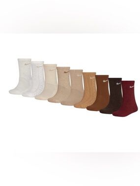 9 pairs Nike kids Assorted Neutral Tone Crew Socks in gift box! Size 5-7 XS